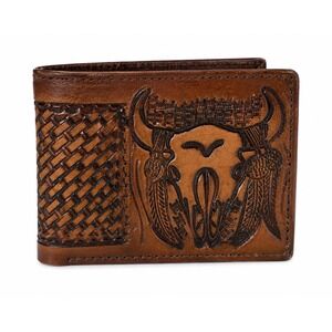 NEW Western Tooled Longhorn Skull Leather Bifold Wallet Rodeo Cowboy Handcrafted